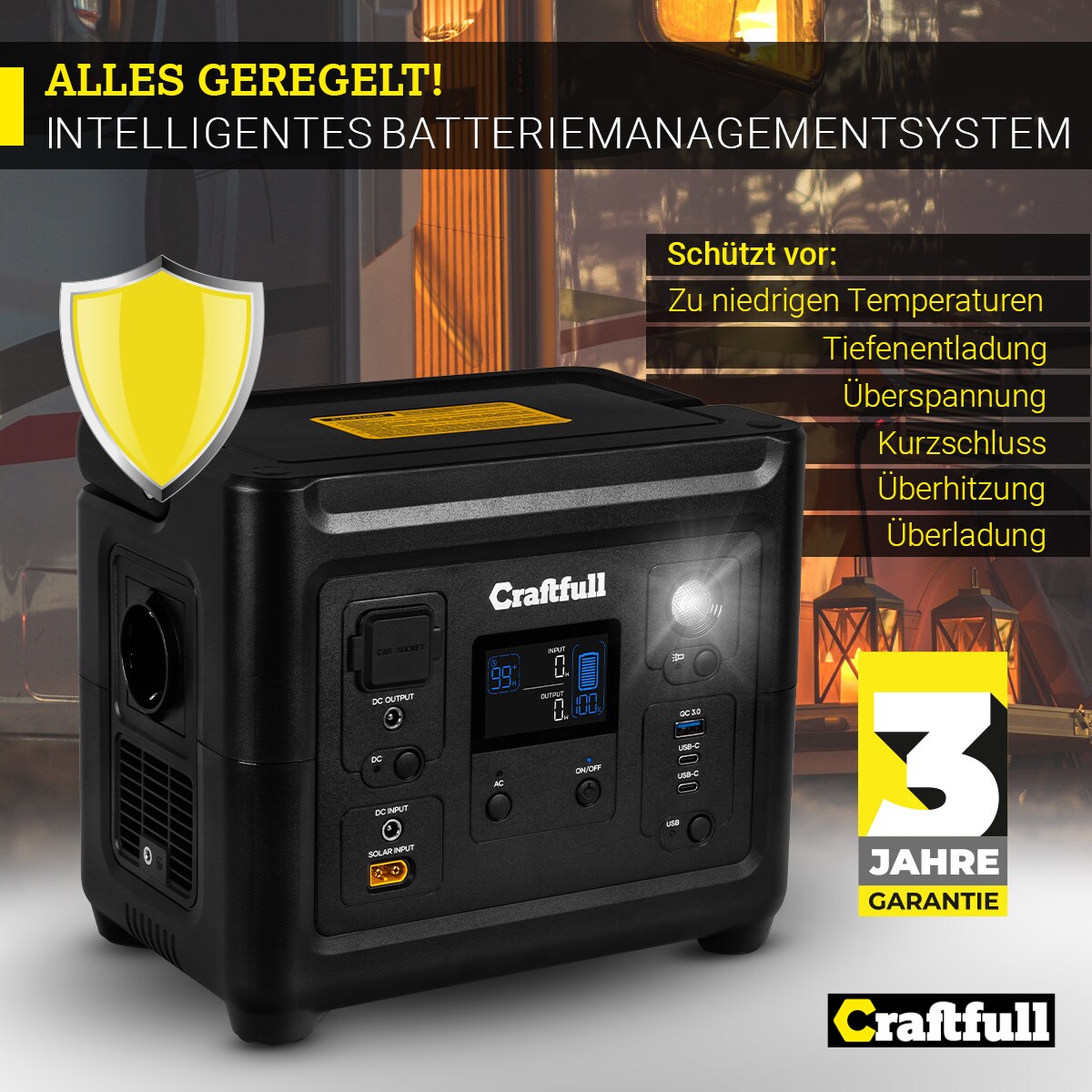 Craftfull Powerstation Fast Charge PS500, 500 Watt, tragbar, Lithium-Akku, USB, 12 V, 230 V, MPPT