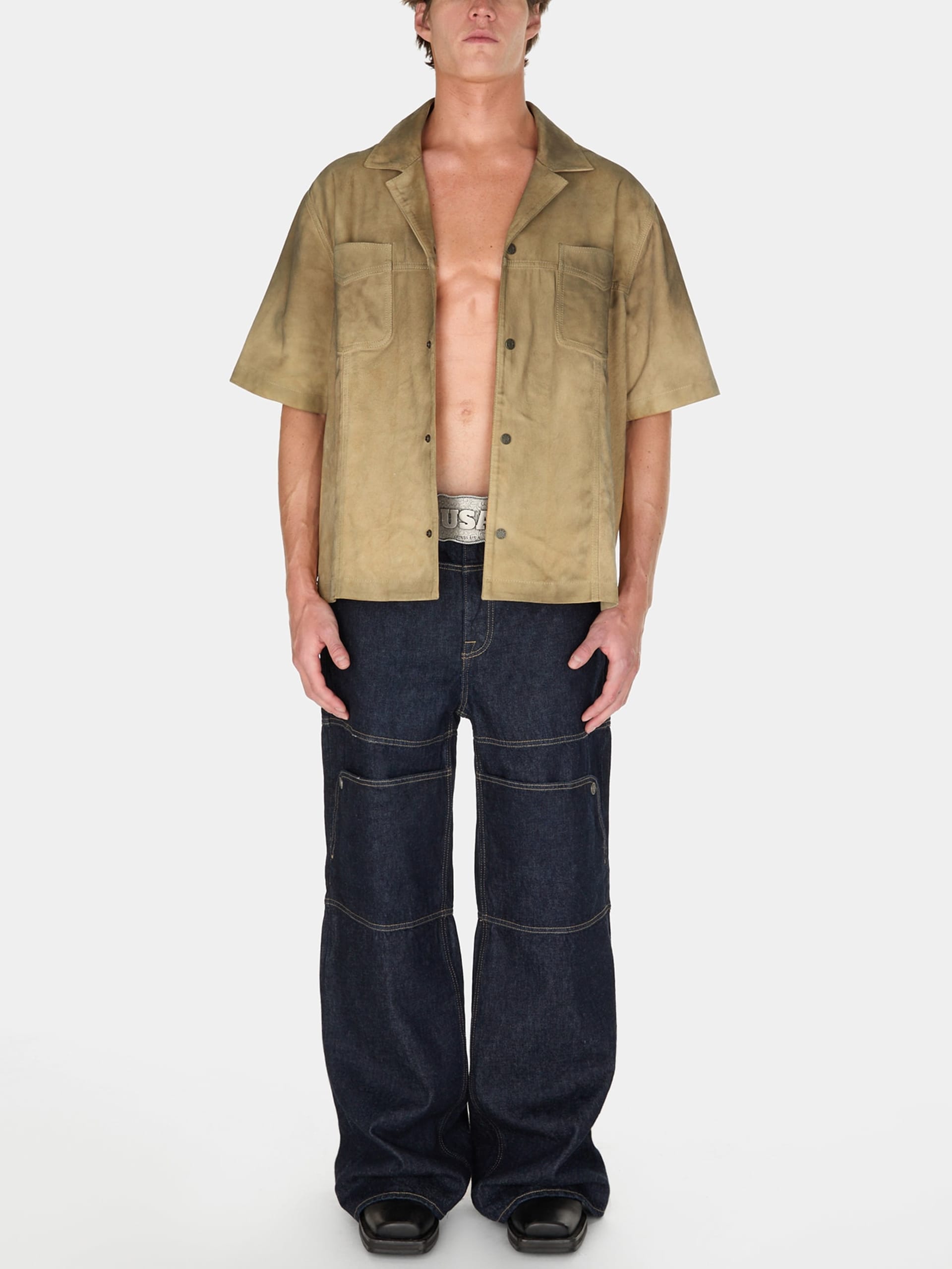 calça utilitária de brim lavado