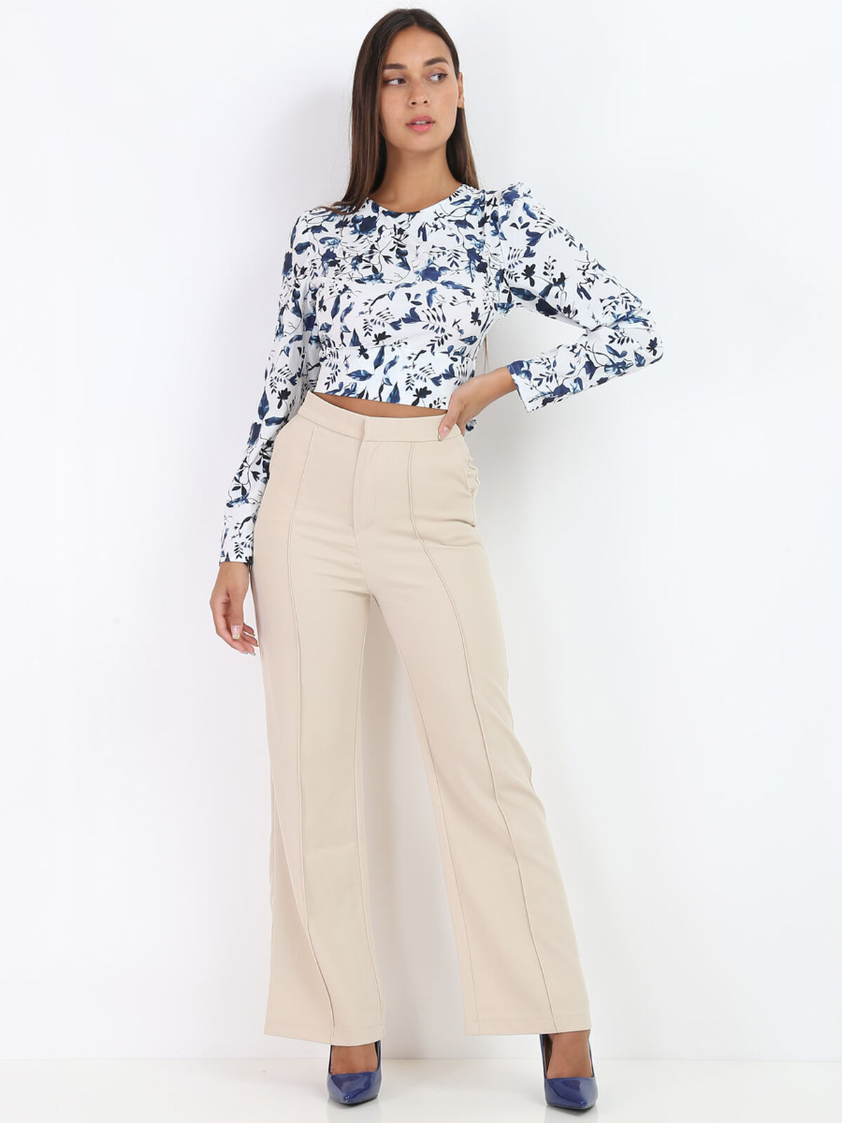 Pantalon palazzo à taille haute- Beige