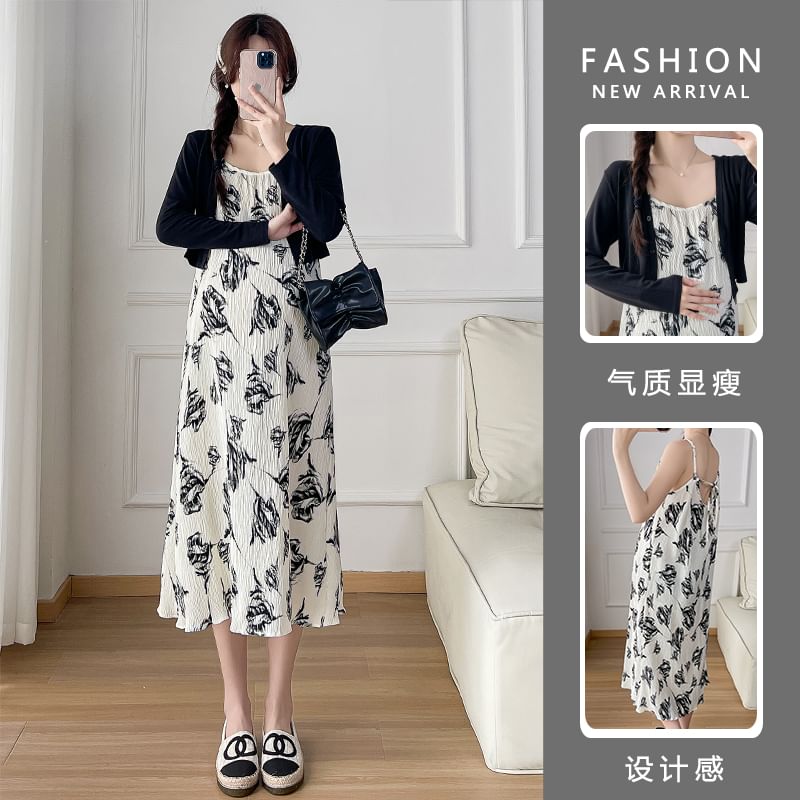 NEUF - Zwangerschapsjurk met spaghettibandjes en bloemenprint, midi-A-lijn / cropped vest / set