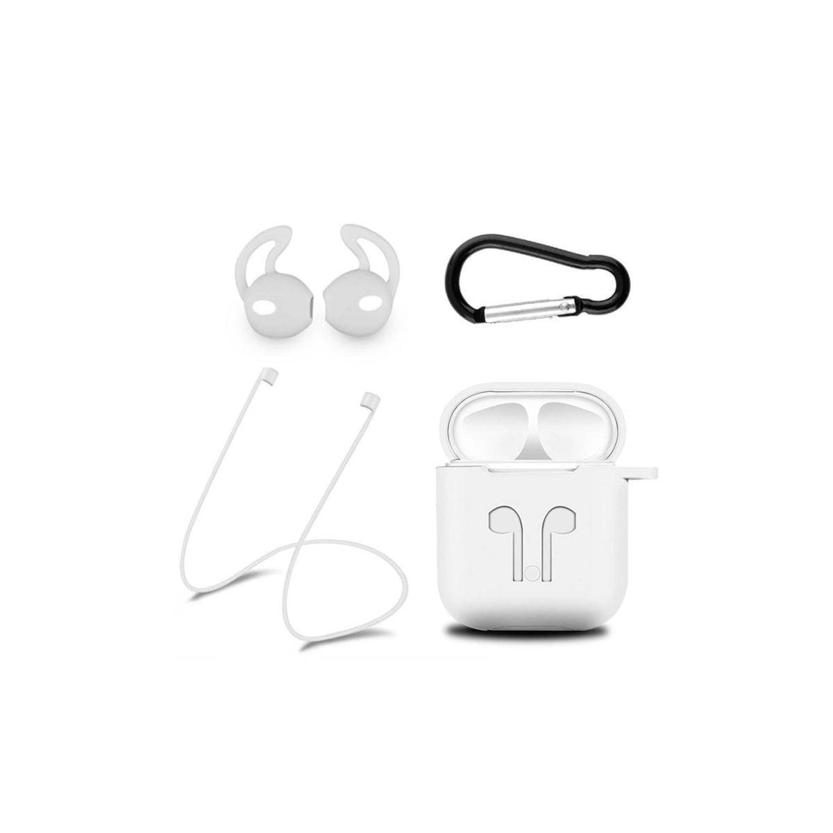 Silikonsett for Airpods, silikonetui, stropp, ørepropper i silikon, karabinkrok, hvit
