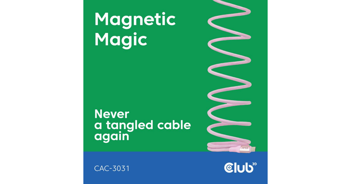 Club 3DUSB-C Magnetic-Coil 240W PD3.1 Pink Cable, 2 meter kabel  (Roze)