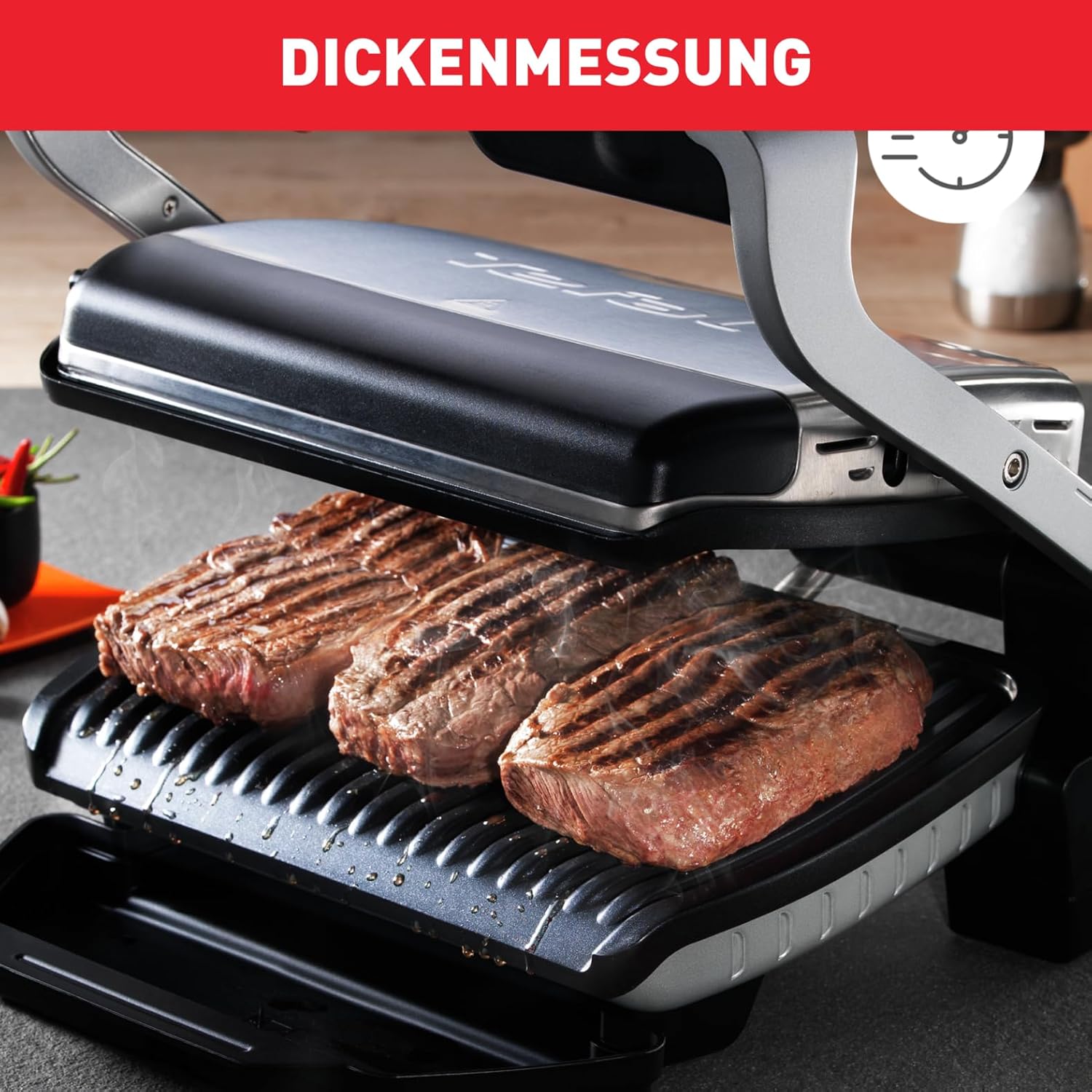 Tefal OptiGrill Kontaktgrill, 6 automatische Programme, Garstufenanzeige, passt Temperatur und Grillzyklus ans Grillgut an, antihaftbeschichtete abnehmbare Platten, Elektrogrill, Edelstahl, GC705D16
