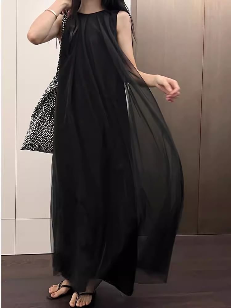 Trendycas - Mouwloze ronde hals, effen gerimpelde mesh maxi-tuniekjurk