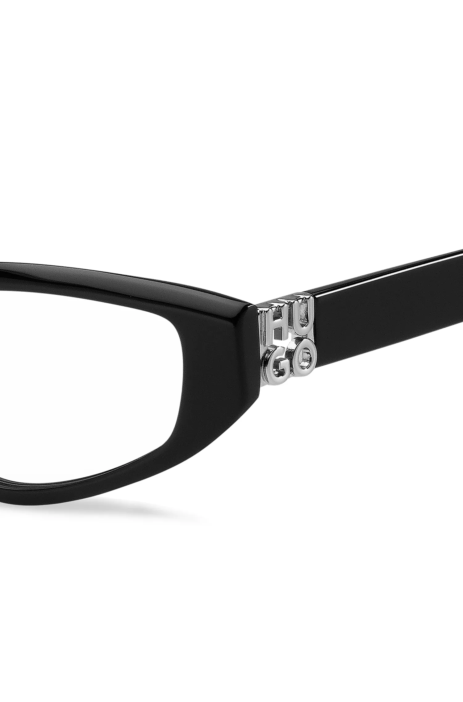 Armação de óculos HUGO em acetato vermelho e preto com monograma 3D.