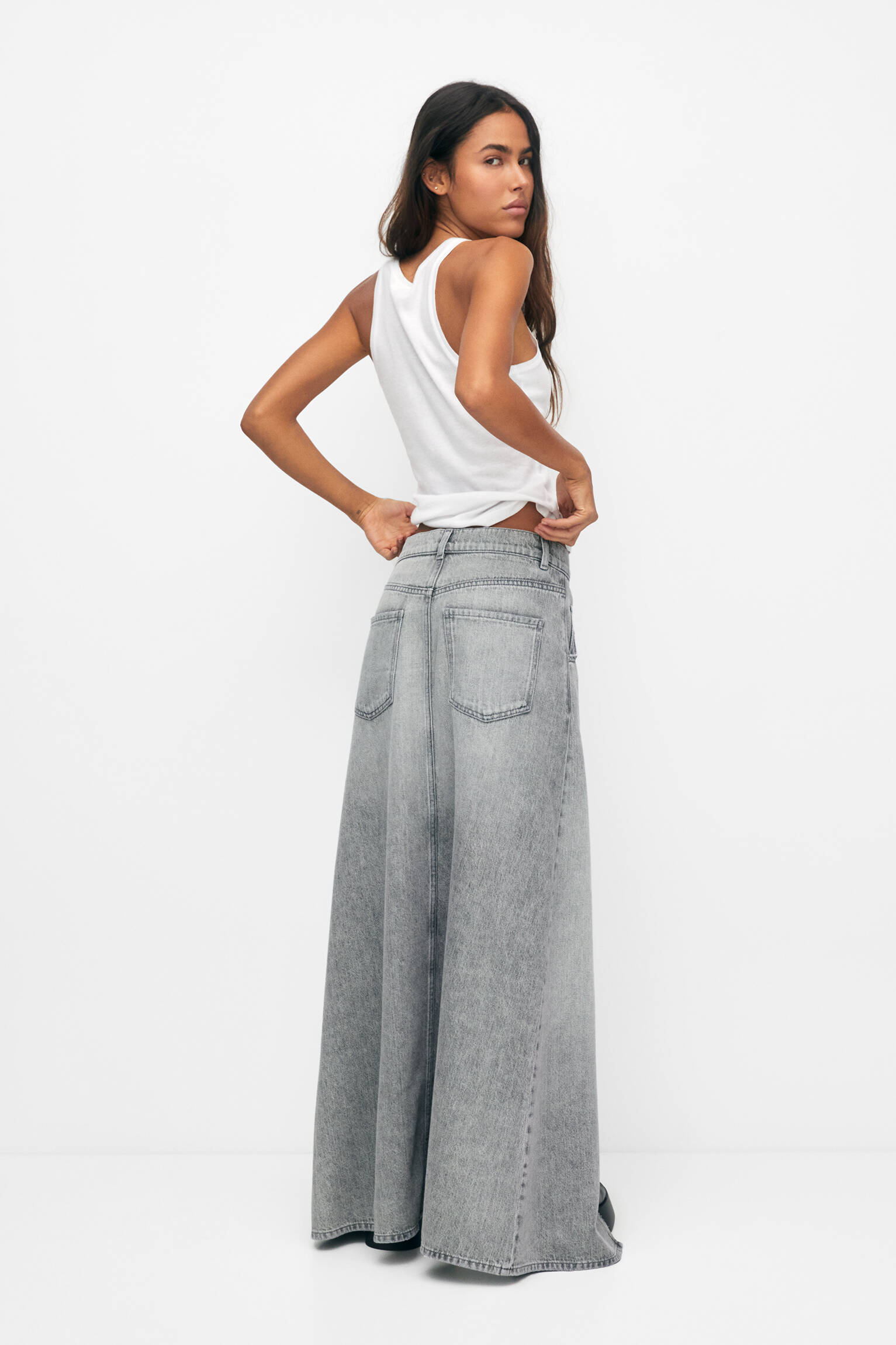 Saia longa maxi jeans - cinza