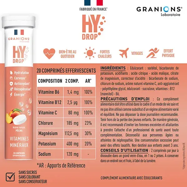 GRANIONS HYDROP Electrolytes - Vitamine C, Magnesium, Minéraux - Pêche