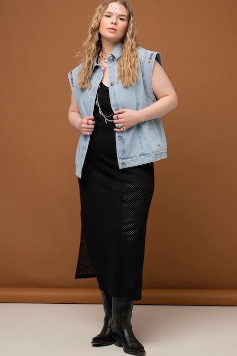 Jeansweste, oversized, Stickereien, teilelastischer Saum