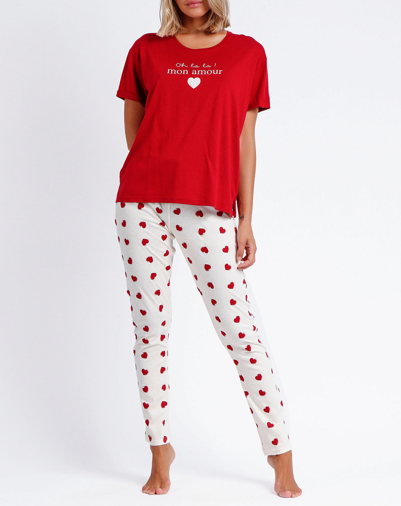 Admas Pyjama T-Shirt & Pantalon Zara rouge/blanc