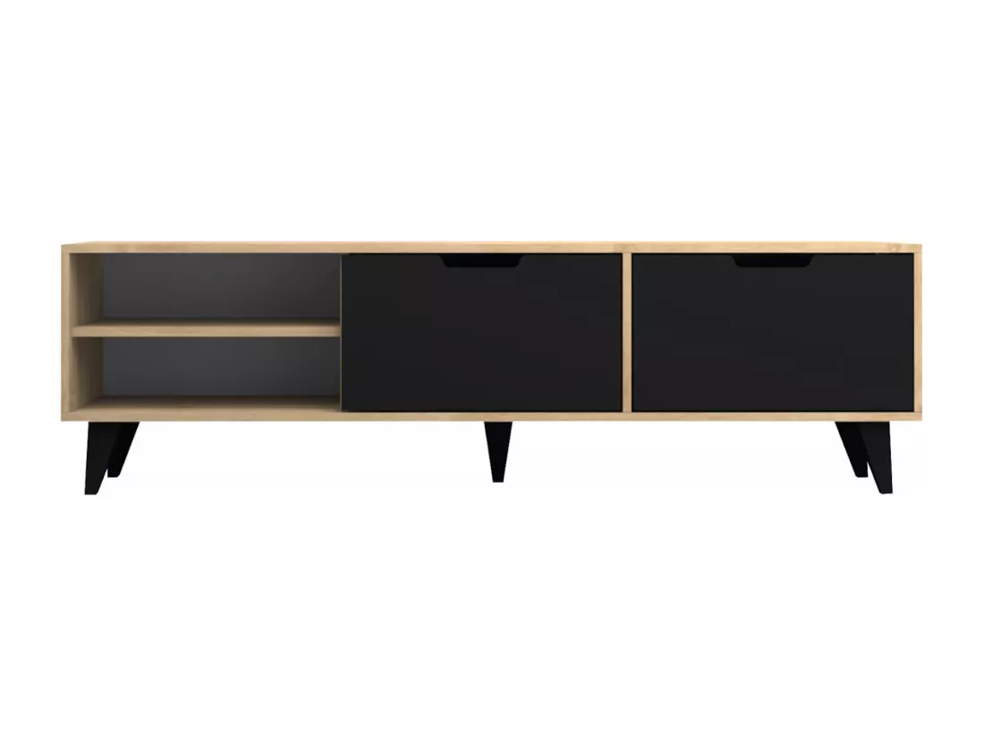 Meuble TV avec 2 portes et 2 niches - Noir et Naturel - CORENIA