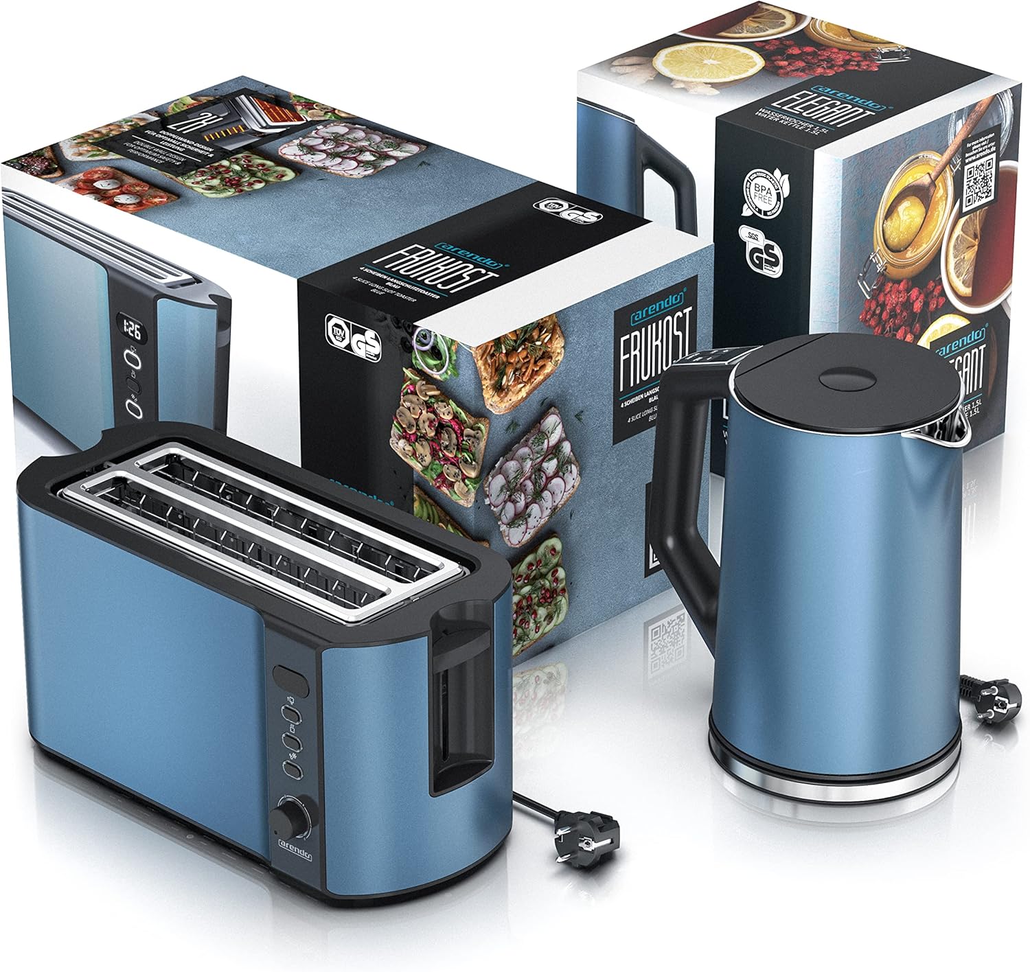 Arendo - Wasserkocher mit Toaster SET Edelstahl Blau, Wasserkocher 1,5L, 40° - 100°C Warmhaltefunktion Toaster 4 Scheiben LED-Display 6 Bräunungsgrade Brötchaufsatz