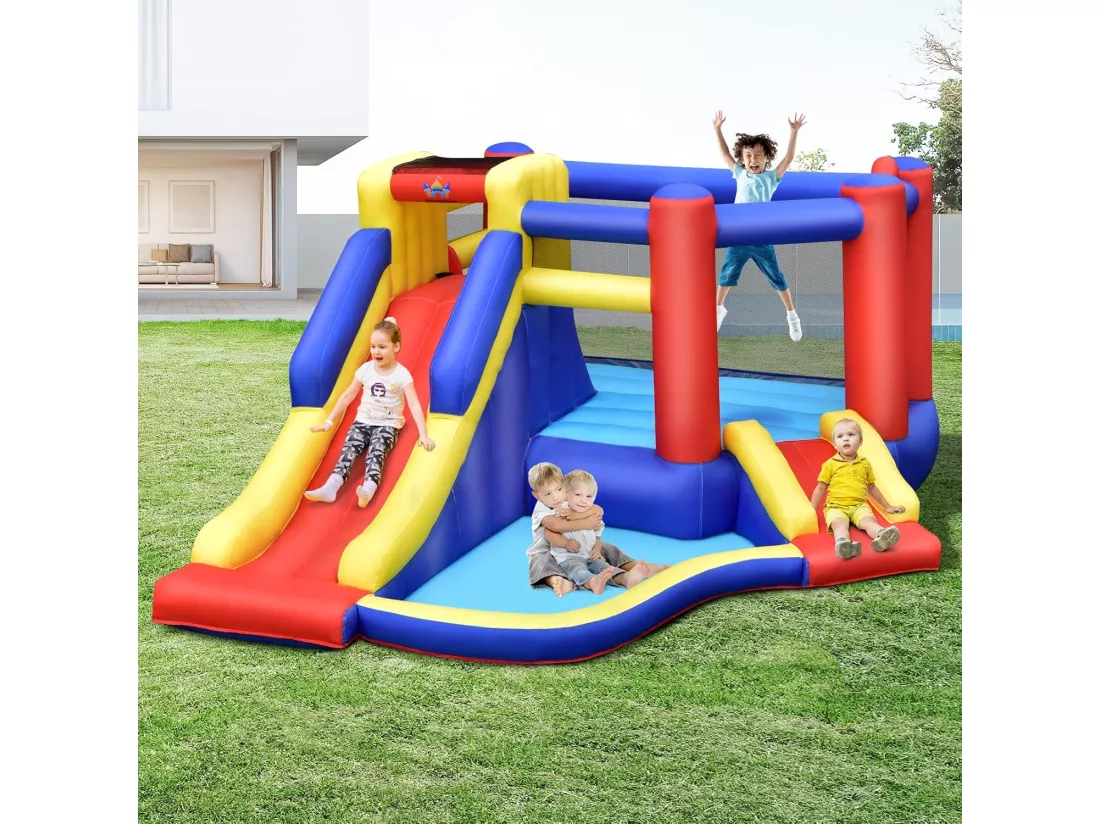 5 en 1 Château Gonflable avec 2 Toboggans & Maison de Saut, Aire de Jeux Gonflable avec Mur d'escalade & Panier de Basket & Balle Gonflable, Charge 120kg pour 3-4 Enfants de 3-10 Ans