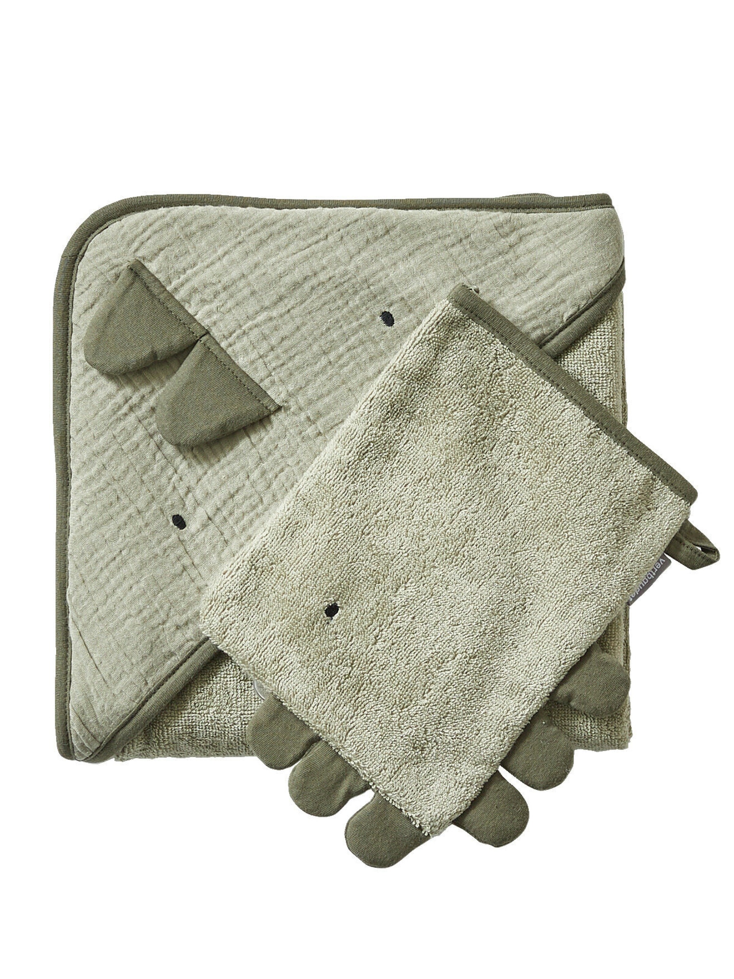 Vertbaudet Baby Kapuzenbadetuch & Waschhandschuh KLEINER DINO grün