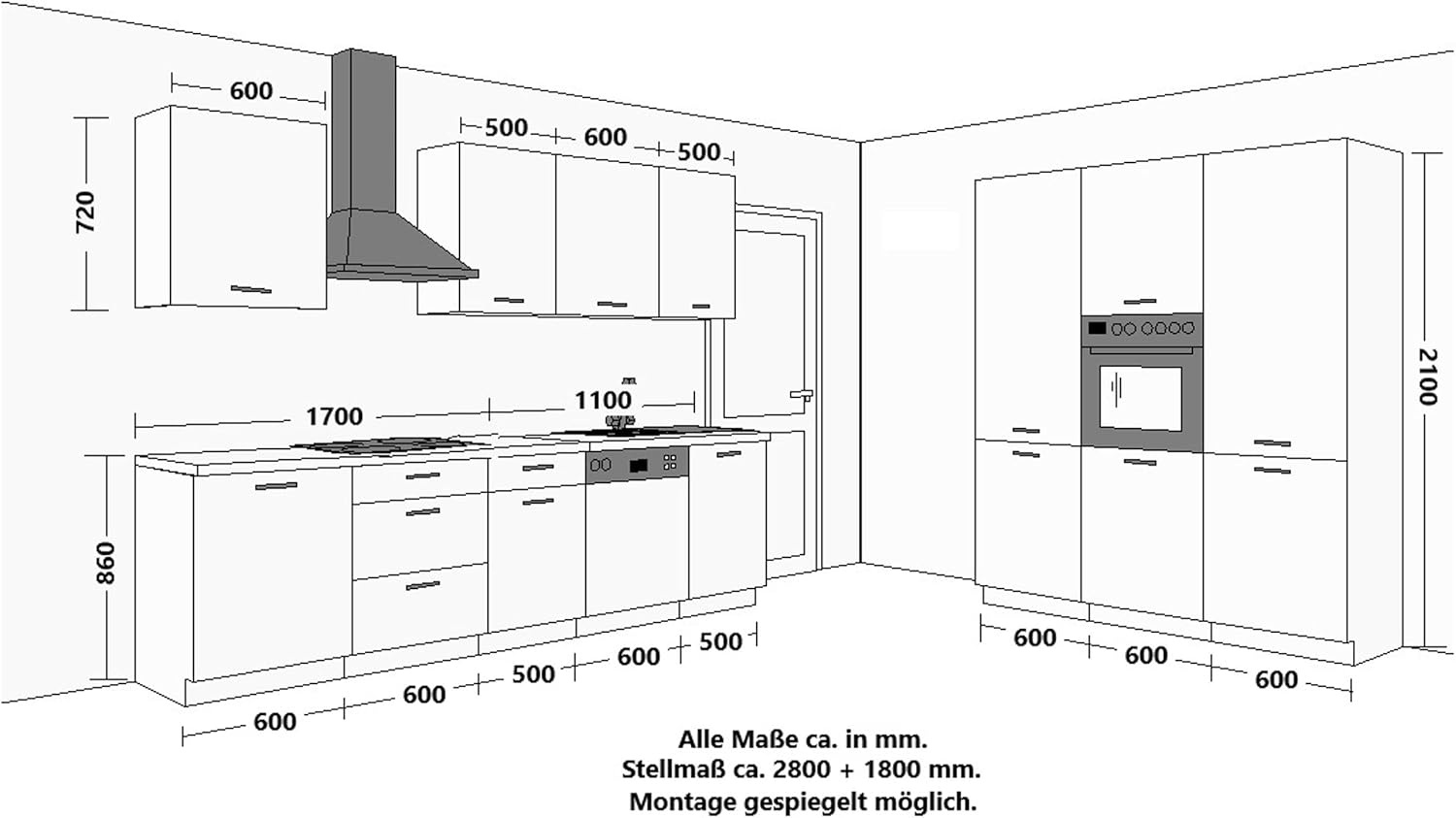 Kuechen-preisbombe Küche Monza 280 + 180 cm Küchenzeile Küchenblock Einbauküche Nussbaum Okapi matt + Schwarz matt