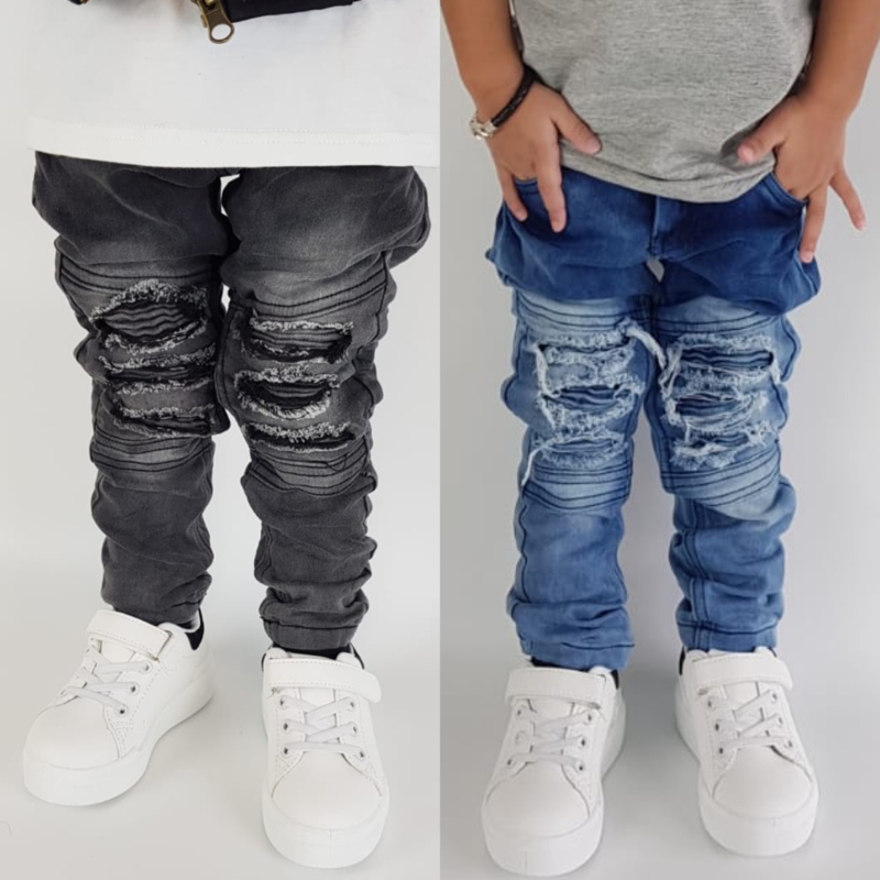 Distressed Blue & Grey biker jeans - verzenddatum 27 feb