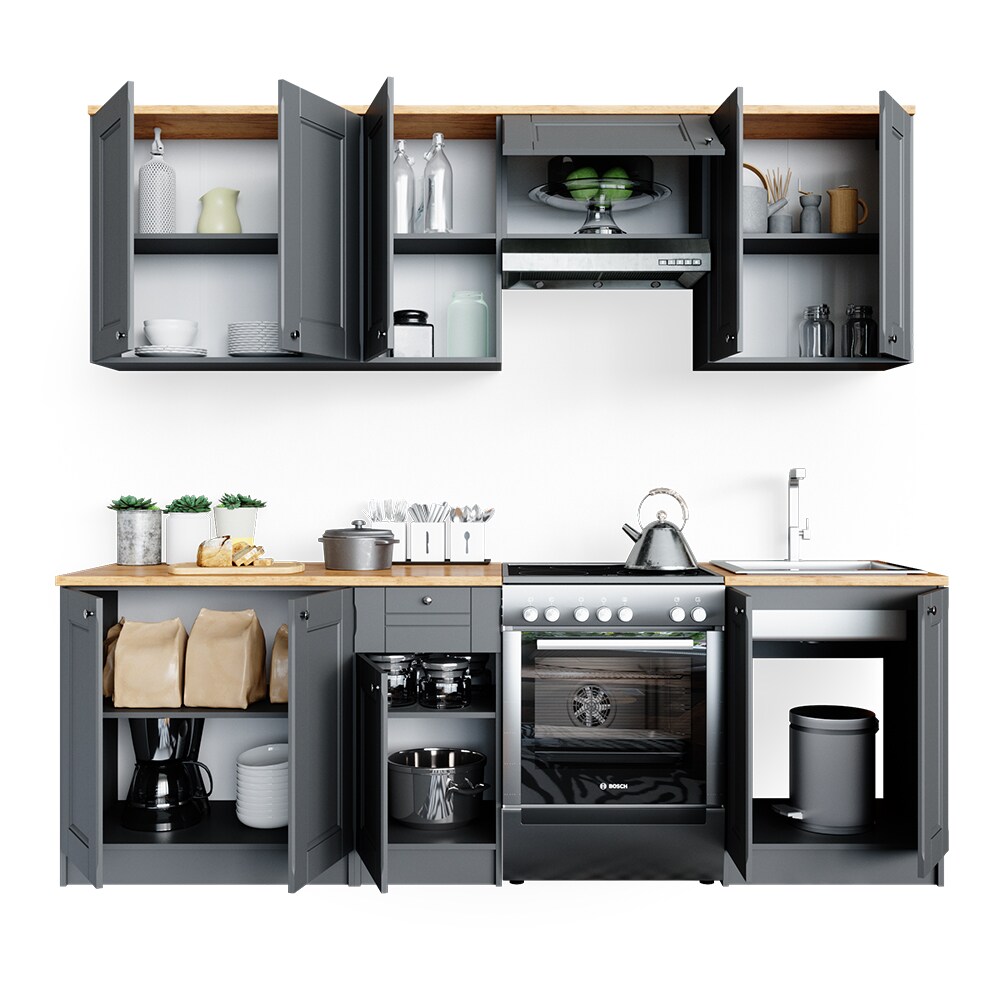 VICCO Küchenzeile Bergamo 240cm Landhaus Küche Einbauküche Küchenblock grau