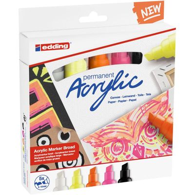 Edding 5000 - Pack de 5 Marqueurs acryliques - jaune fluo, orange fluo, rose néon, noir profond, blanc