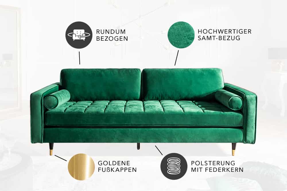 Design 3-Sitzer Sofa COZY VELVET 220cm smaragdgrün Samt Federkern Lounge