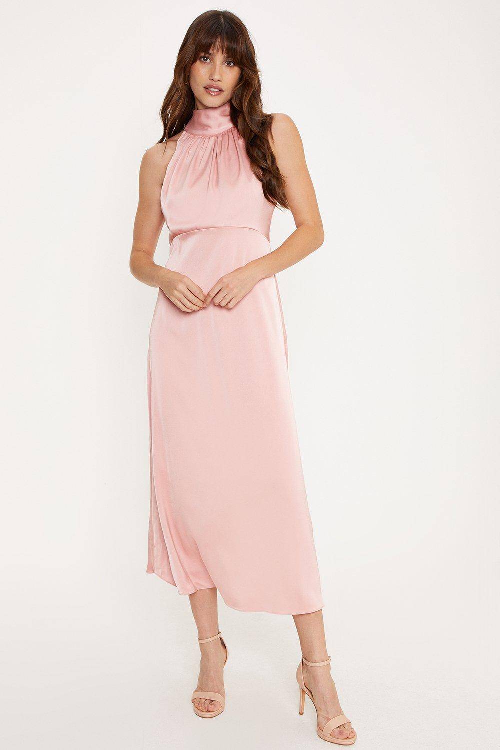 Oasis Robe de Demoiselle d'Honneur Mi-Longue en Satin à Col Licou