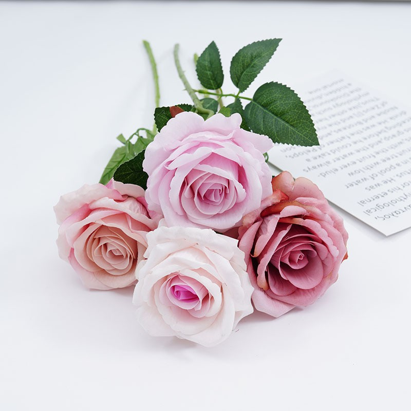 (3er Set) 50cm Deko Kunstblumen Rosen Blumenstrauss - Hellrosa