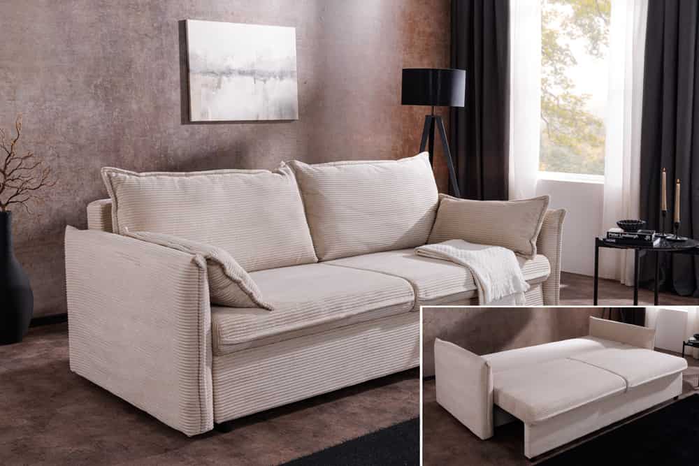 Design Schlafsofa APARTMENT 215cm beige Cord 3-Sitzer Couch inkl. Bettkasten Kissen