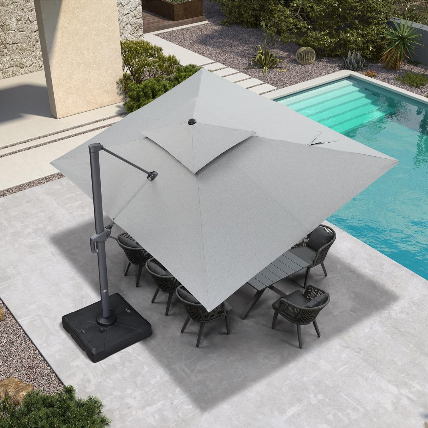 PURPLE LEAF Sonnenschirm 300 x 400 cm Ampelschirm Rechteckig mit Kurbel und Doppeldach, Gartenschirm Groß Wasserabweisend farbecht für Terrasse Deck Schwimmbad, Kieselgrau