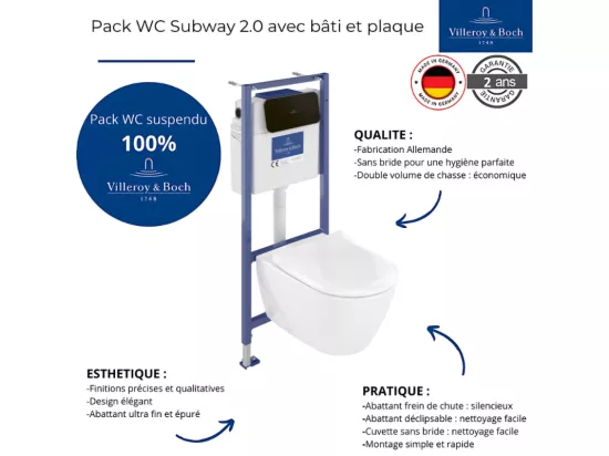 Pack WC sans bride VILLEROY ET BOCH Subway 2.0 avec abattant frein de chute + bâti Viconnect PRO + plaque noir mat