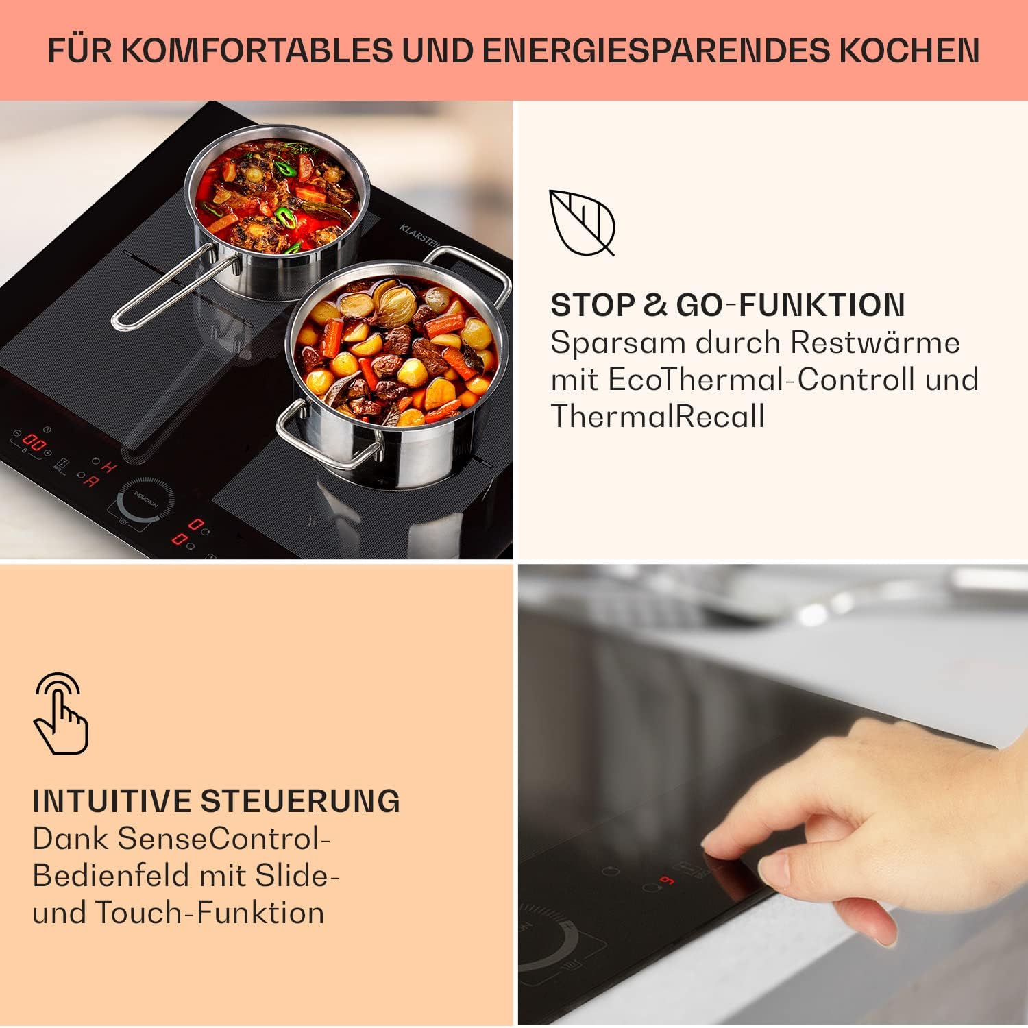 Klarstein Induktionskochfeld, Glaskeramik Kochfeld, mit 4 Platten, Einbau mit Touch-Display, Digitalanzeige und Timer-Funktion, Schnelles Aufheizen, 7000 Watt