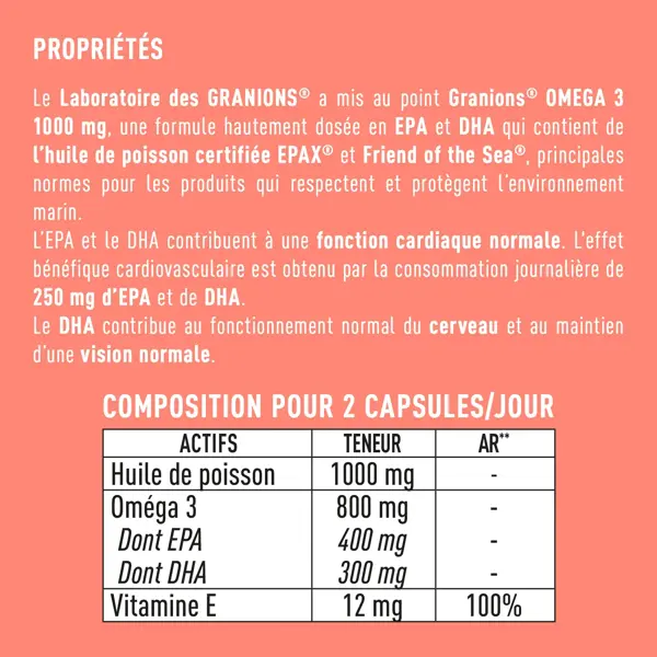 GRANIONS Oméga 3 1000mg - Haute concentration EPA DHA et Vitamine E 60 capsules