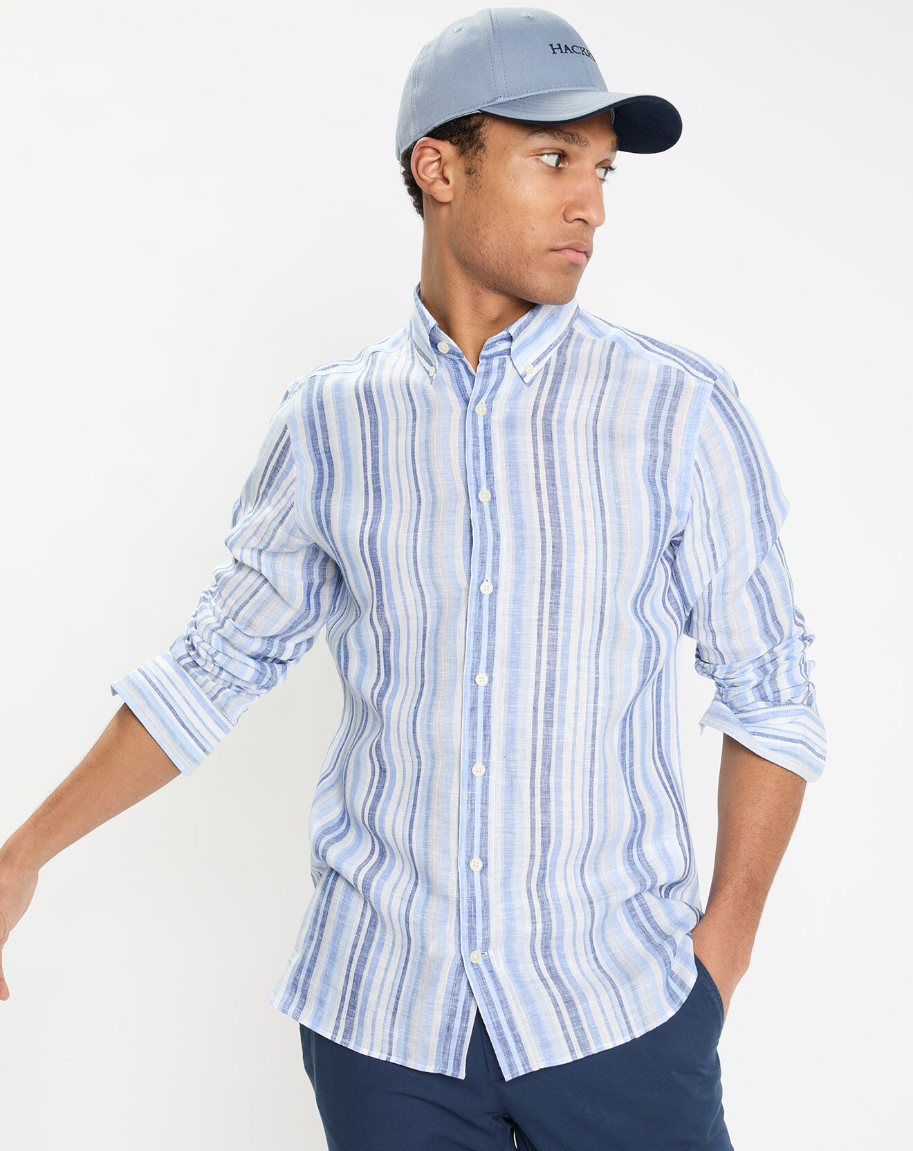 Hackett London Chemise 100% Lin Slim Fit à rayures bleue