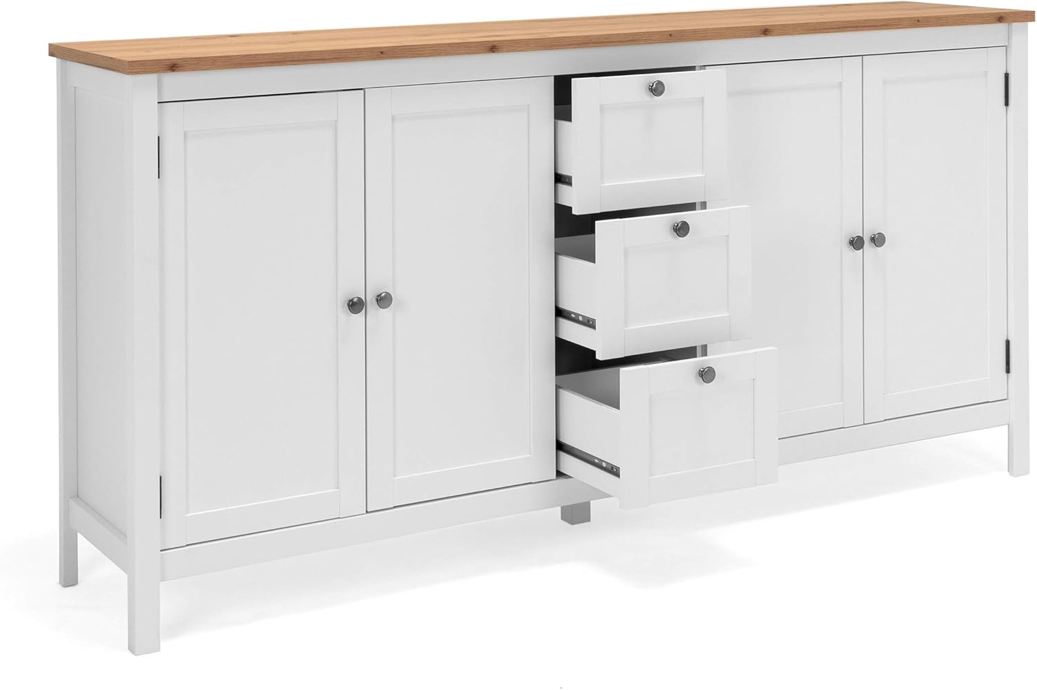 Newfurn Kommode Weiß Wildeiche Sideboard Vintage Landhaus - 180x90x40 cm (BxHxT) - Highboard Anrichte - [Eireen.Three] Wohnzimmer Schlafzimmer Flur Esszimmer