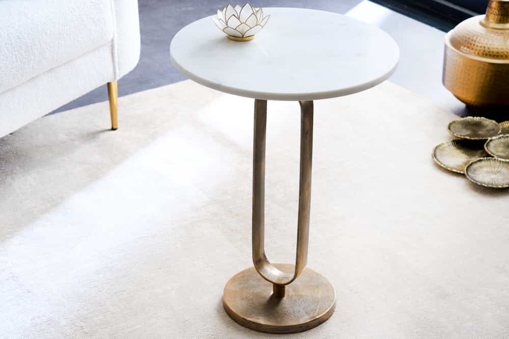 Runder Beistelltisch ELEGANCE 60cm weiß gold antik Marmor Metall Aluminium handmade
