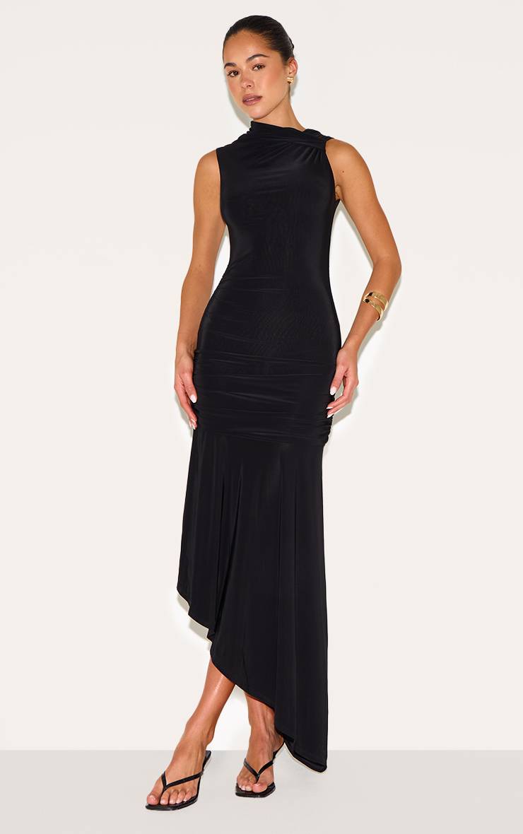 Noir Robe Mi-longue Asymétrique Froncée En Tissu Soyeux Double Épaisseur