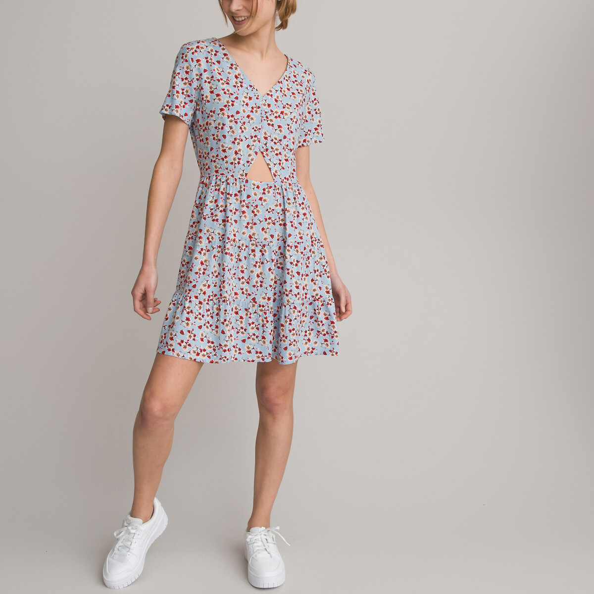 COLEÇÃO LA REDOUTE<br>Vestido fluido com mangas curtas e estampa floral