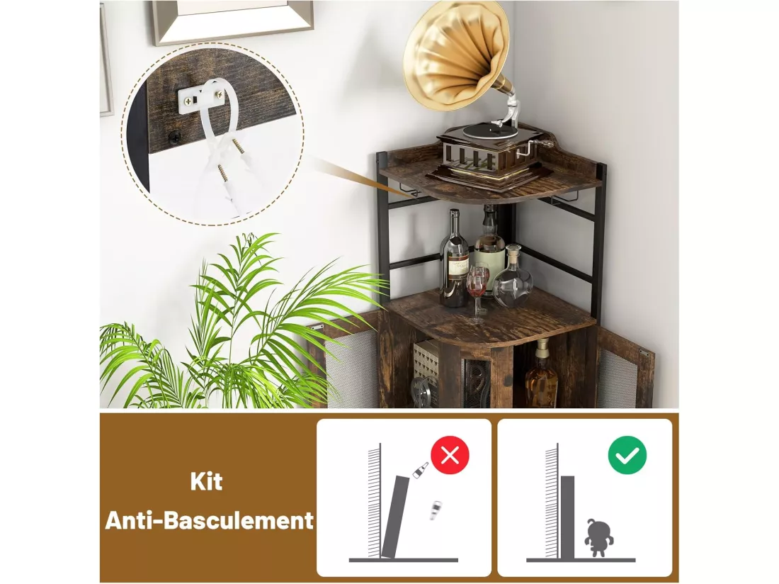Buffet Cuisine Industriel, Armoire d’Angle, Étagère Réglable, Meuble Bar avec Porte-Verres, Placard à Porte en Maille Métallique, Kit Anti-basculement Inclus, 46 x 46 x 130 CM (Marron Rustique)