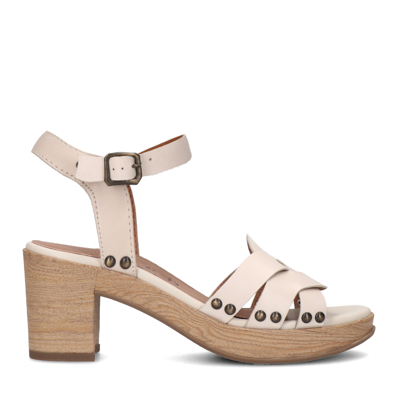 Beige leren sandalen met blokhak