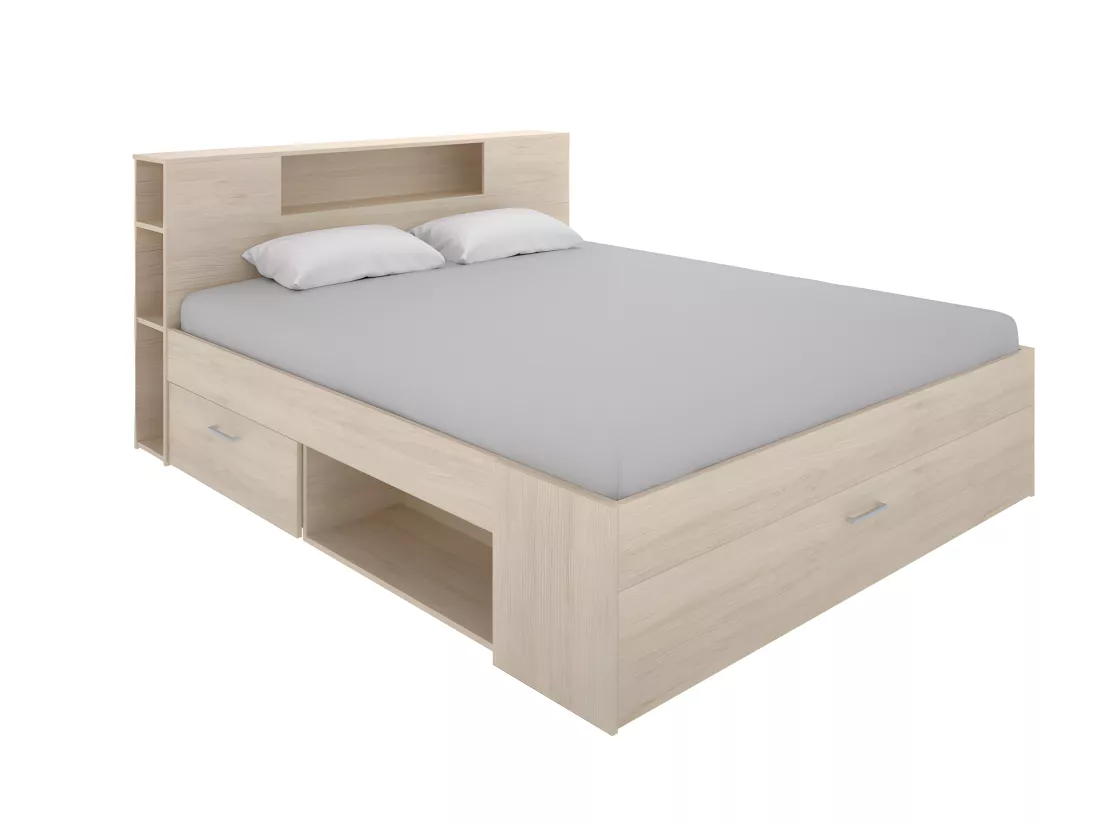 Lit avec tête de lit rangements et tiroirs - 140 x 190 cm - Coloris : Naturel + Sommier + Matelas - LEANDRE
