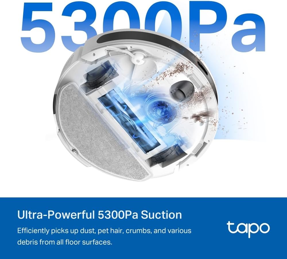 Tapo RV20 Max Plus Saugroboter mit Wischfunktion und automatischer Absaugstation, 5300Pa Ultra-Starke Saugkraft, 83 mm Ultra-schlank, kompatibel mit Alexa & Google Assistant Sprachsteuerung, Weiß