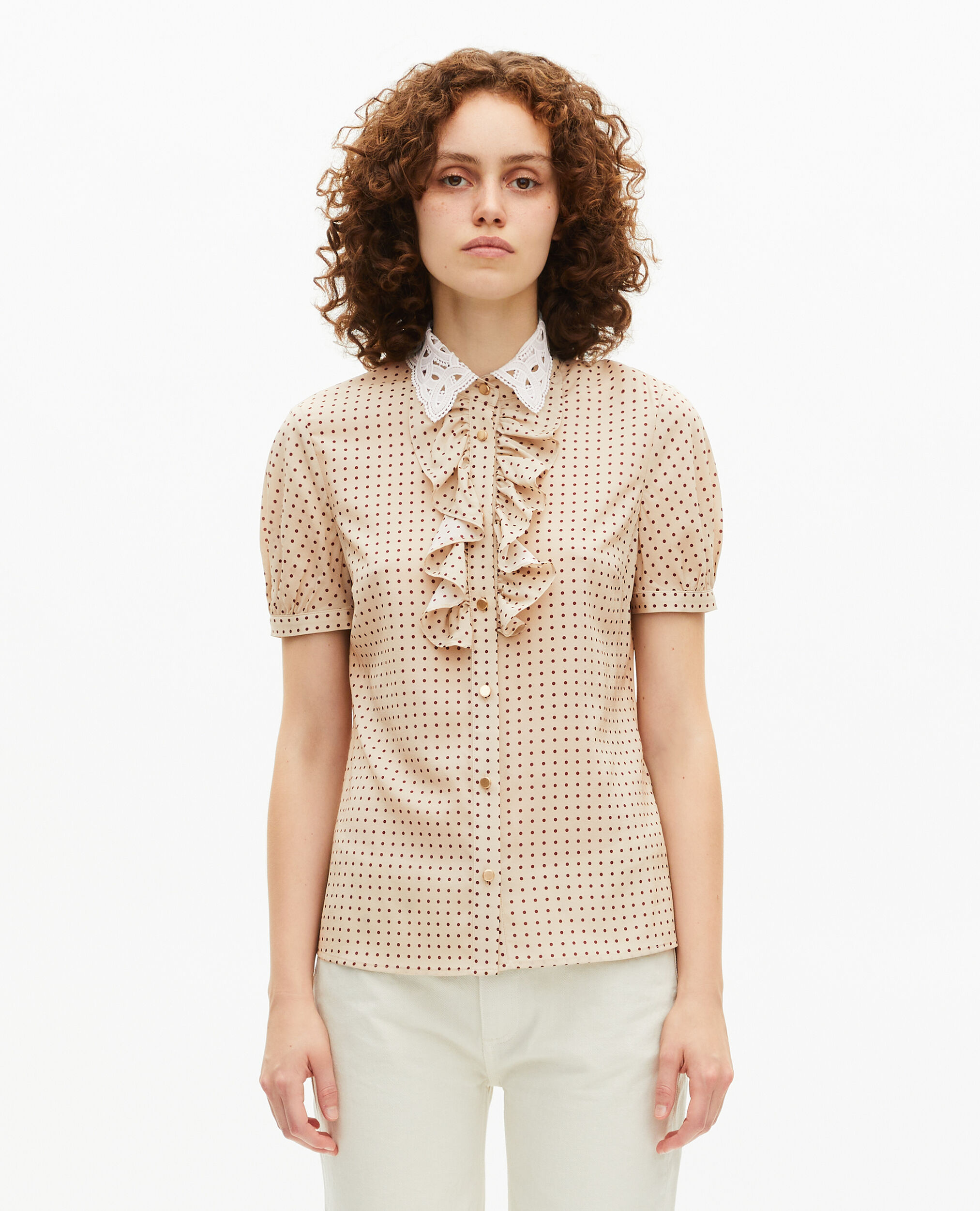 Chemise manches courtes à pois beige