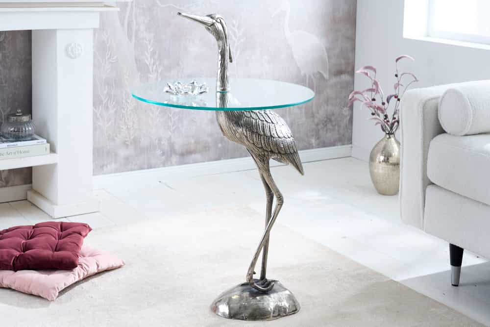 Runder Beistelltisch WILDLIFE HERON 90cm silber Metall Glas Fischreiher Skulptur handmade