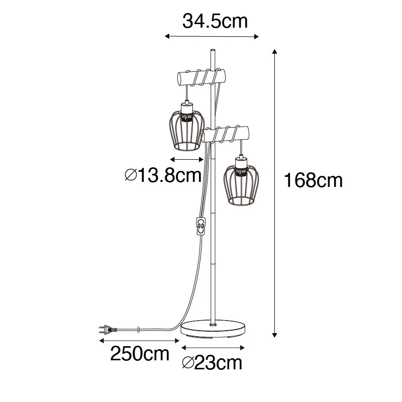 QAZQA - Country House I Vintage Landelijke Vloerlamp Zwart met Hout 2-Lichts - Elektrisch I Woonkamer I Slaapkamer - Staal Langwerpig - LED Geschikt E27