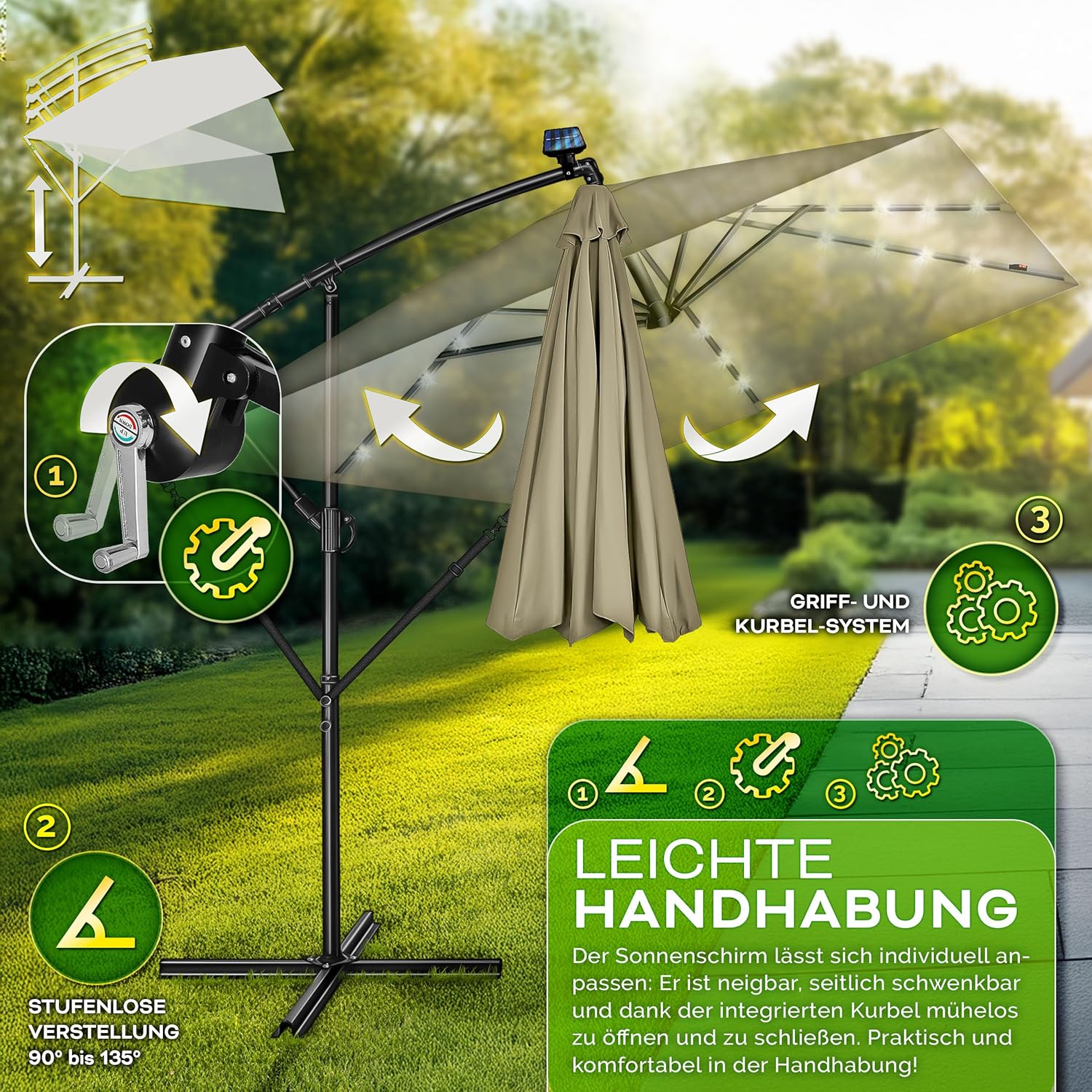 tillvex® Alu Sonnenschirm Rechteckig Ø 330 cm + Abdeckung mit Kurbel | Ampelschirm Eckig mit Ständer & Windschutz | Gartenschirm UV-Schutz Aluminium | Kurbelschirm Marktschirm wasserdicht 360° drehbar