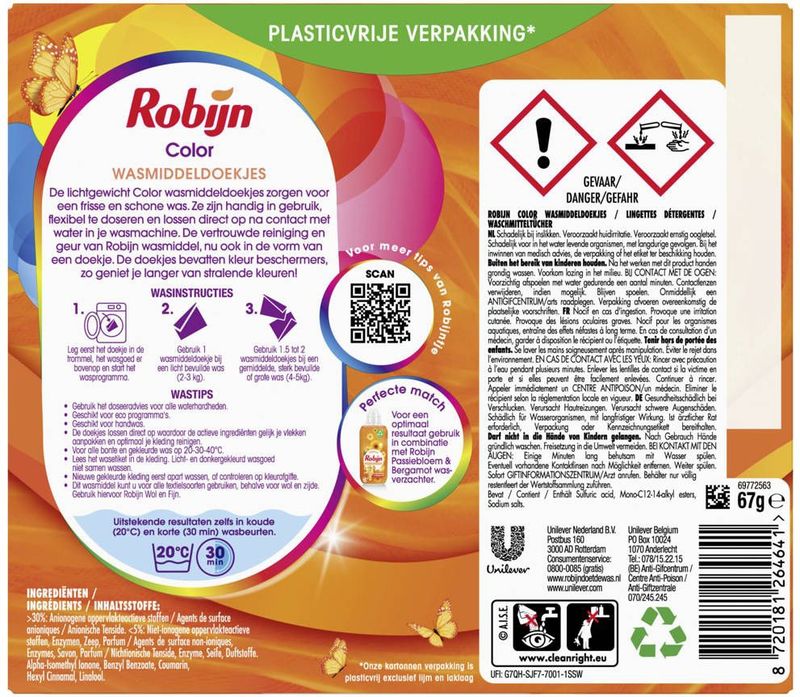 Robijn Classics Color Wasmiddeldoekjes - 4 x 16 wasstrips - Voordeelverpakking
