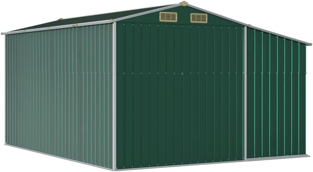 vidaXL Gerätehaus, Gartenhaus mit Schrägdach Griffe, Gartenschuppen Schuppen mit Stauraum, Geräteschuppen Metallschuppen, Grün 277x365,5x179 cm Verzinkter Stahl