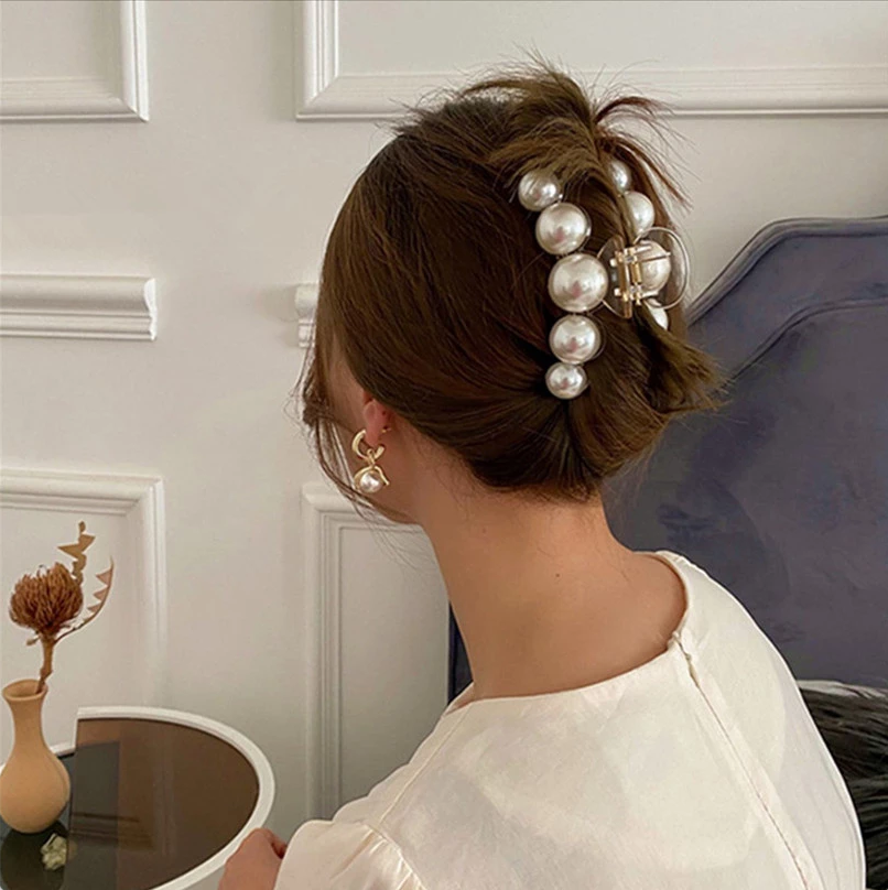 (10cm) Haarspange Klammer Perlen Krallen Clip Haarschmuck  - Weiss