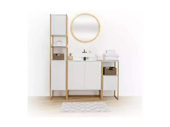 Meuble sous lavabo en Bambou et Bois Blanc 2 Portes H 80 cm