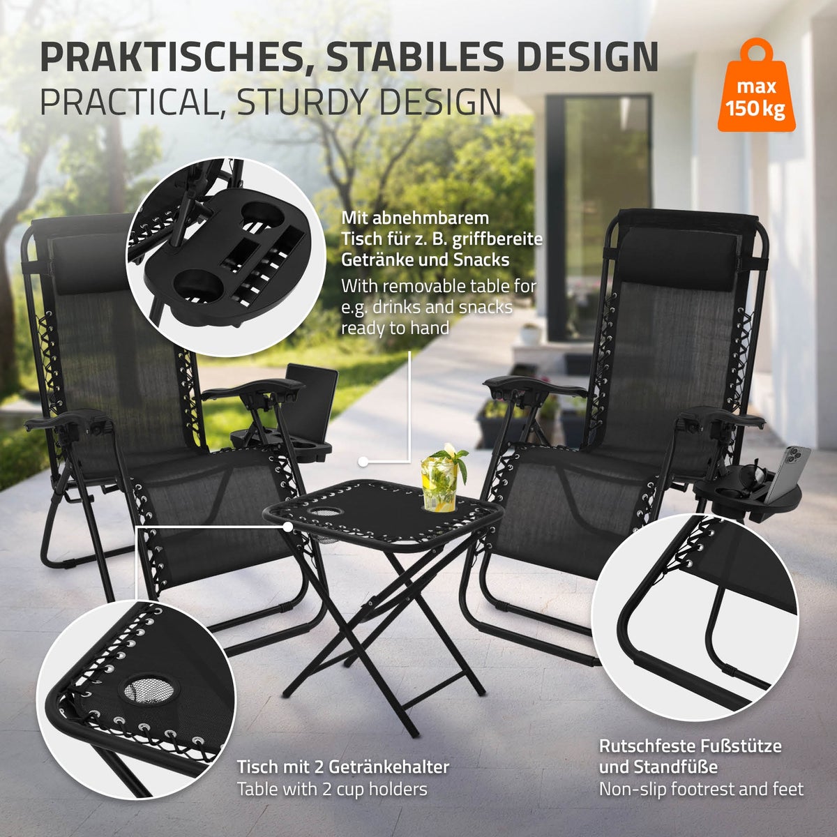 ML-Design 3-delige opvouwbare ligstoelset, tuinligstoelset met tafel, zwart, ligstoel met verstelbare hoofdsteun en rugleuning, weerbestendig/buiten, relaxstoel voor in de tuin met bekerhouder