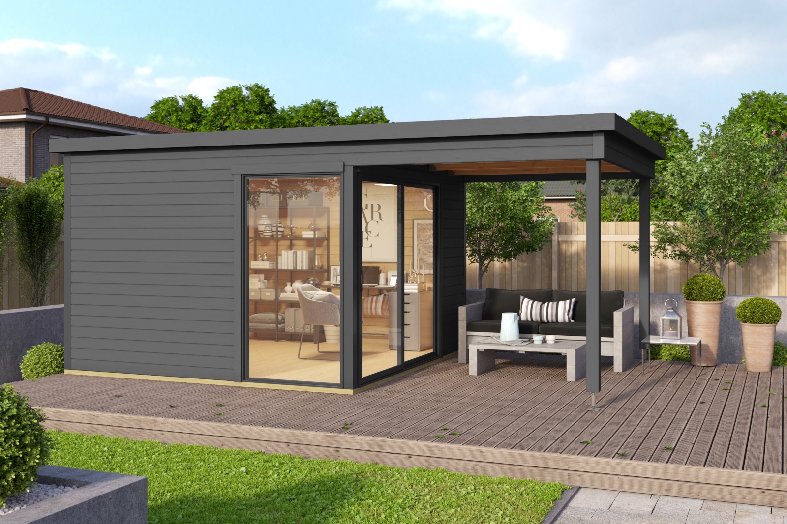 Gartenhaus DOMEO 2 - carbongrau-anthrazit - Fichte massiv - 504,4x300 cm