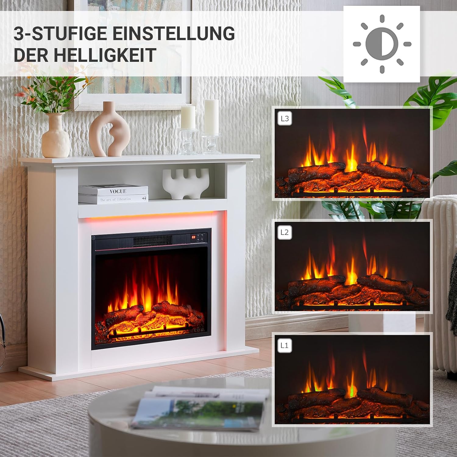 Elektrokamin BALDERIA Liora - Elektrischer Standkamin mit Ablagefach, 3D-Flammeneffekt, LED-Ambientebeleuchtung, Heizung 2000W, Timer, Thermostat, Fernbedienung - Liora Weiß