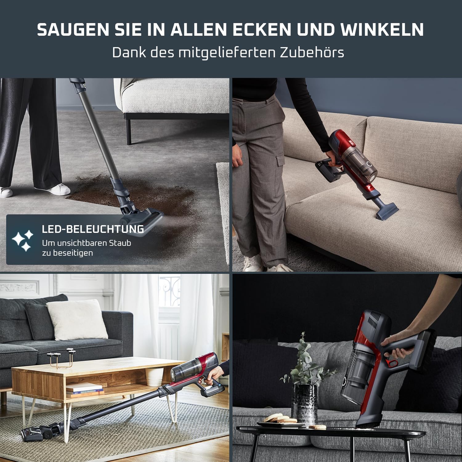 Rowenta X-Pert 6.60 Animal Akkustaubsauger, 100W Leistung, 45 Min Laufzeit, kabellos & beutellos, LED-Düse, herausnehmbarer Akku, inkl. Fugendüse, Wandhalterung und Tierhaarbürste, rot/schwarz, RH6878
